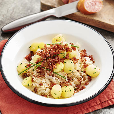 salad of sauerkraut with a crunch of smoked sausage