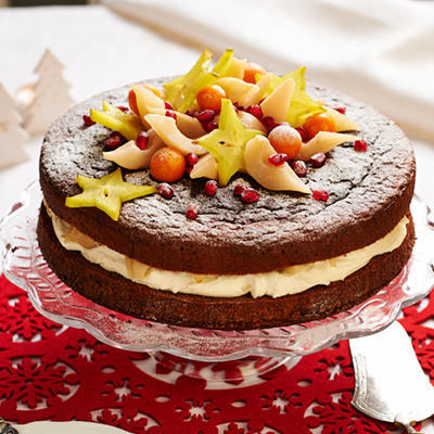 chocolate cake with stew pears
