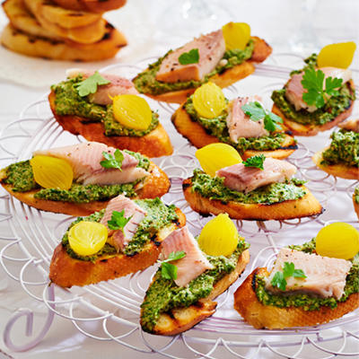 crostini with parsley pesto and trout
