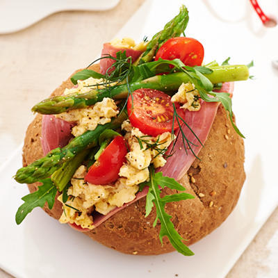 multigrain rolls with brine, scrambled eggs and asparagus tips