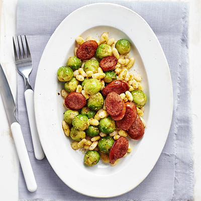 stir-fry of Brussels sprouts and white beans