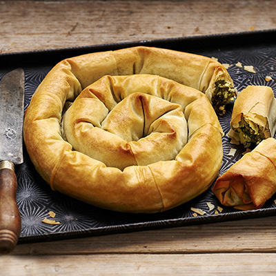 Greek filo pastry roll with feta and spinach