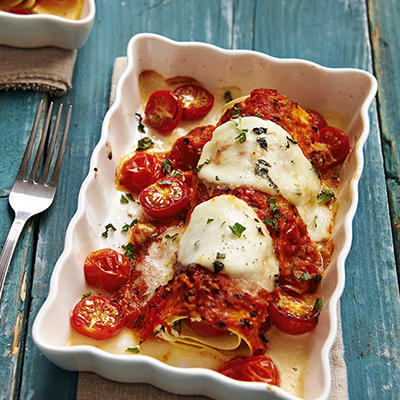 rolled lasagne with sauce of roasted cherry tomatoes