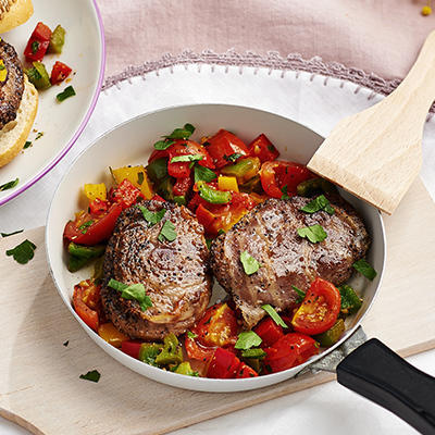 gourmet dish: mini-pepper burgers with peppers and tomatoes