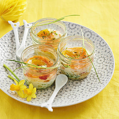 jar with egg, salmon and tomatoes