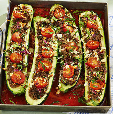 stuffed zucchini with spicy minced meat and feta