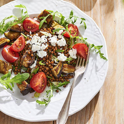 lentil salad with eggplant and goat cheese