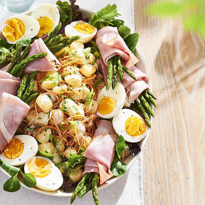 potato salad with asparagus tips in ham