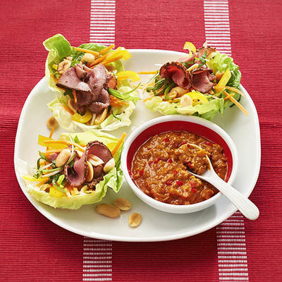 lettuce wraps with a spicy peanut sauce