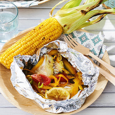 cod package with sweetcorn from the barbecue