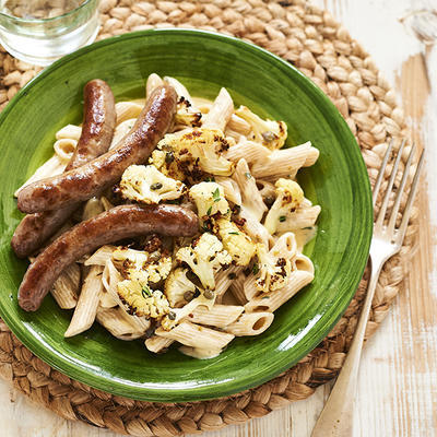 penne with chipolata sausage and roasted cauliflower