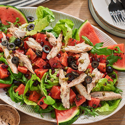 meal salad with smoked mackerel and watermelon