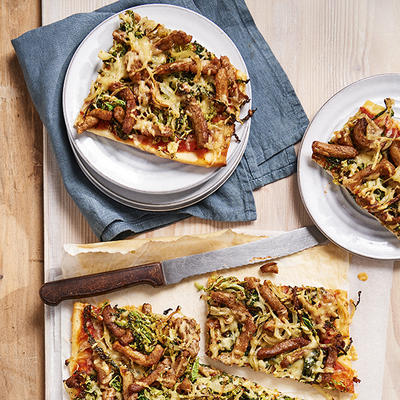 winter pizza with green cabbage and shawarma