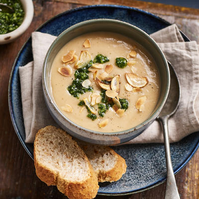 white beans and onion soup with parsley pesto
