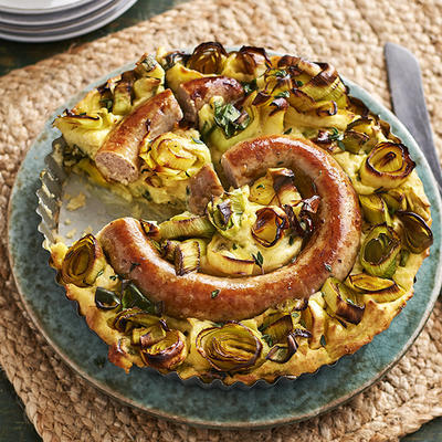 winter clafoutis with leeks and fresh sausage
