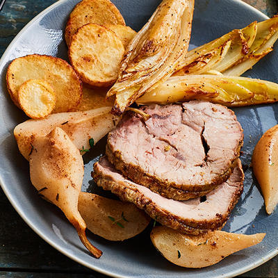 pork roulade with stewed pears from the oven