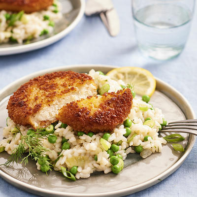 cod burgers with pea risotto