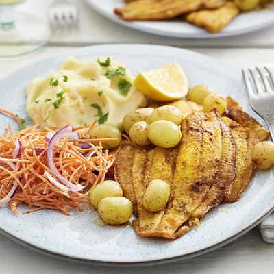 fried plaice fillet with grapes