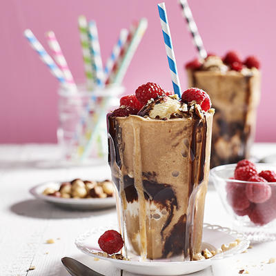 ice-cream shake with chocolate and raspberries