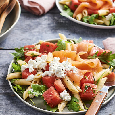 pasta salad with smoked salmon and watermelon
