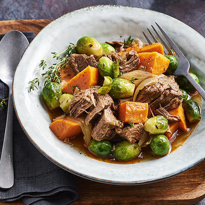 beef stew with sprouts and sweet potato