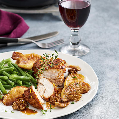 chicken fillet with baked apple, walnuts and wine jus