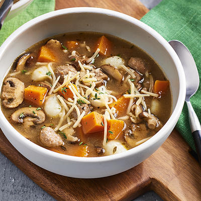 beef soup with pumpkin and mushrooms