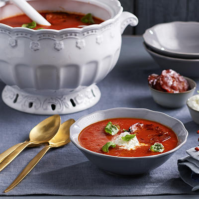 red point pepper soup with chorizo