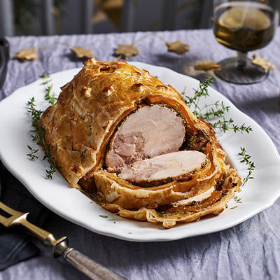 chicken roulade wellington with persimmons