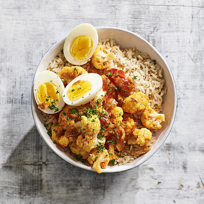 rice with cauliflower curry and egg