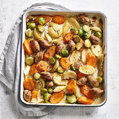 roasted winter vegetables with fresh sausage