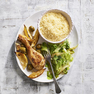 chicken drumsticks from the oven with endive and couscous