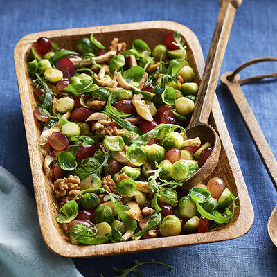 sprout salad with chicken, walnuts and grapes