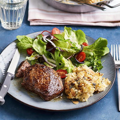 steak with gratin celeriac puree