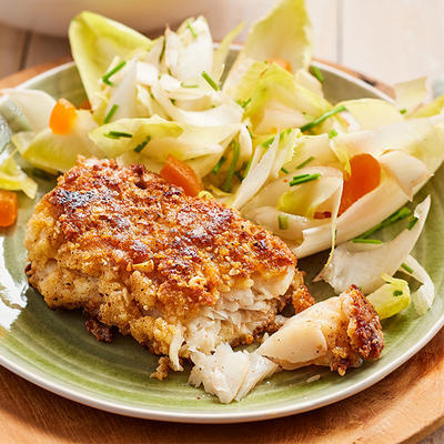 fried cod fillet with chicory salad