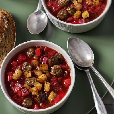 beet soup with apple and meatballs