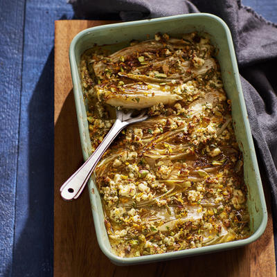chicory with pistachio and feta from the oven