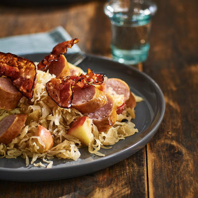 classic sauerkraut with apple, sausage and smoked bacon