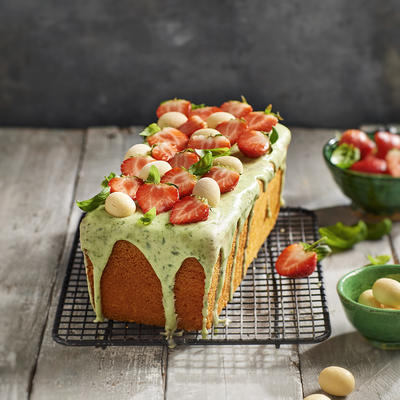 cake with basil glaze and strawberries