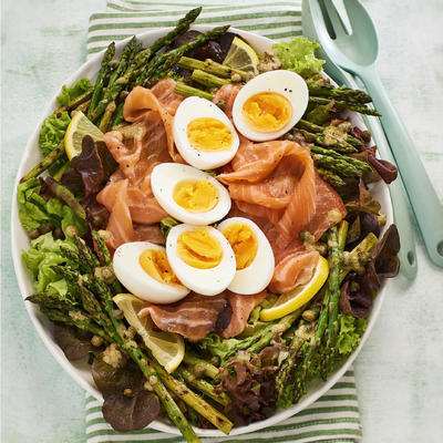 salad with egg, salmon and asparagus