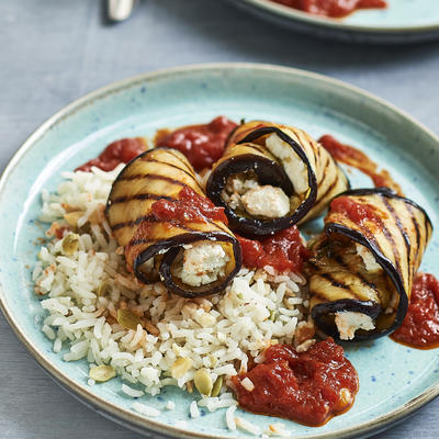 aubergine rolls with goat's cheese and ginger