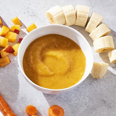 baby snack banana and fresh peach