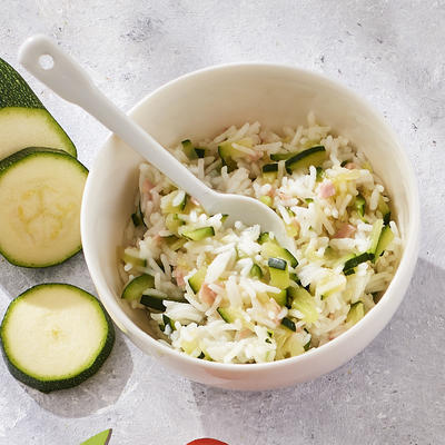 baby snack rice with zucchini and ham