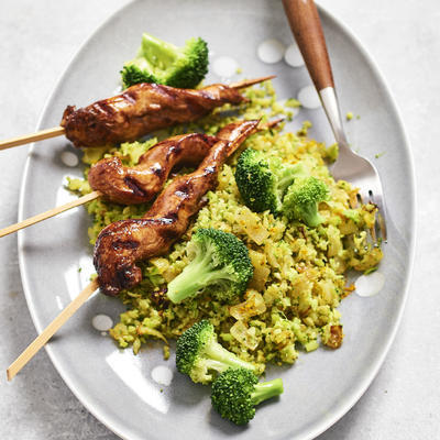 broccoli curry rice with chicken satay