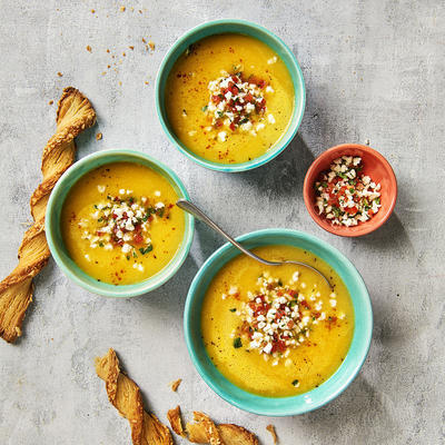 paprika soup with cauliflower tabouleh