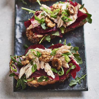 bruschette with beetroot salad and mackerel