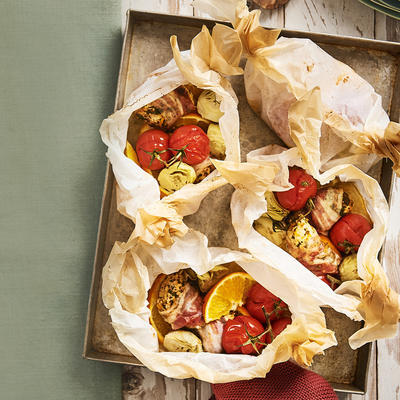 chicken packages with artichoke hearts and orange