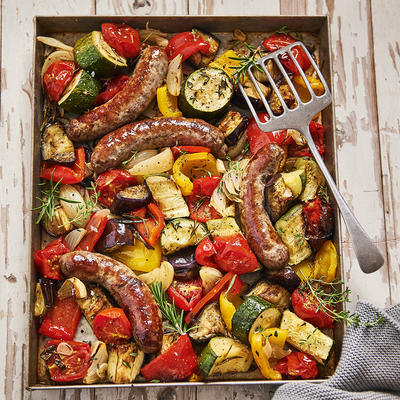roasted ratatouille with sausages