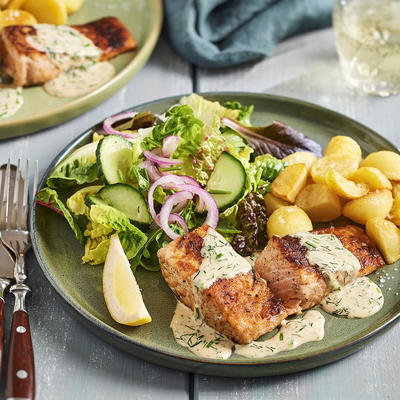 fried salmon fillet with creamy herb sauce
