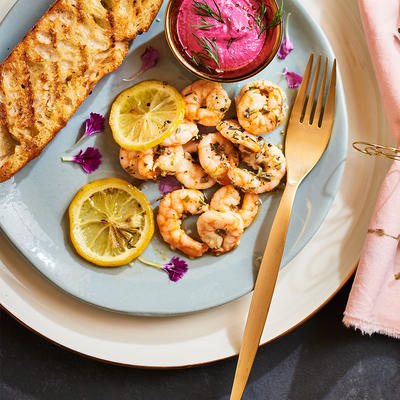 warm shrimp with red beet mayonnaise